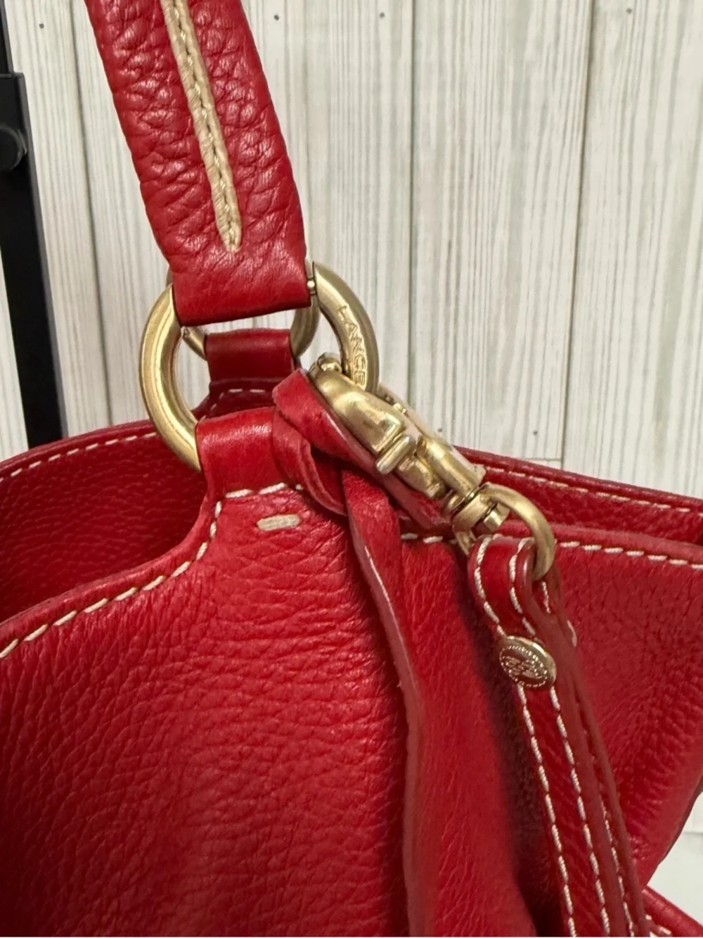 Lancel Red Pebbled Leather Shoulder Bag with Tassel Details